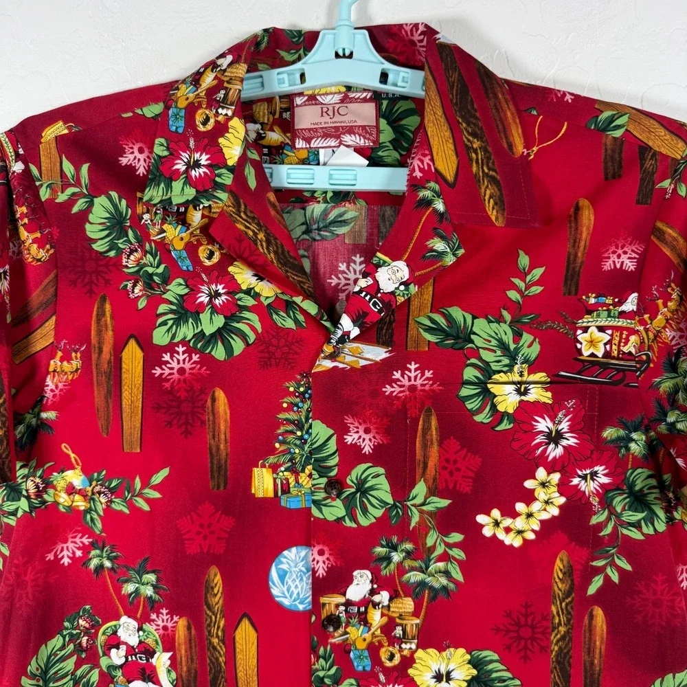 RJC Shirt Mens Medium Red Hawaiian Christmas Mele Kalikimaka Santa Floral Camp